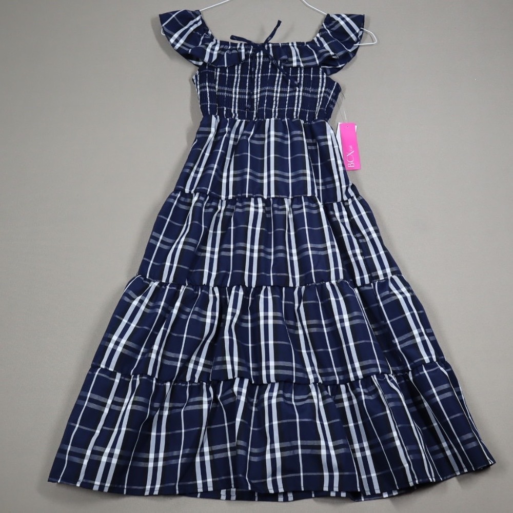 Beautees Big Girls Smocked Bodice Plaid Taffeta Tiered Maxi Dress - Navy- Size 8